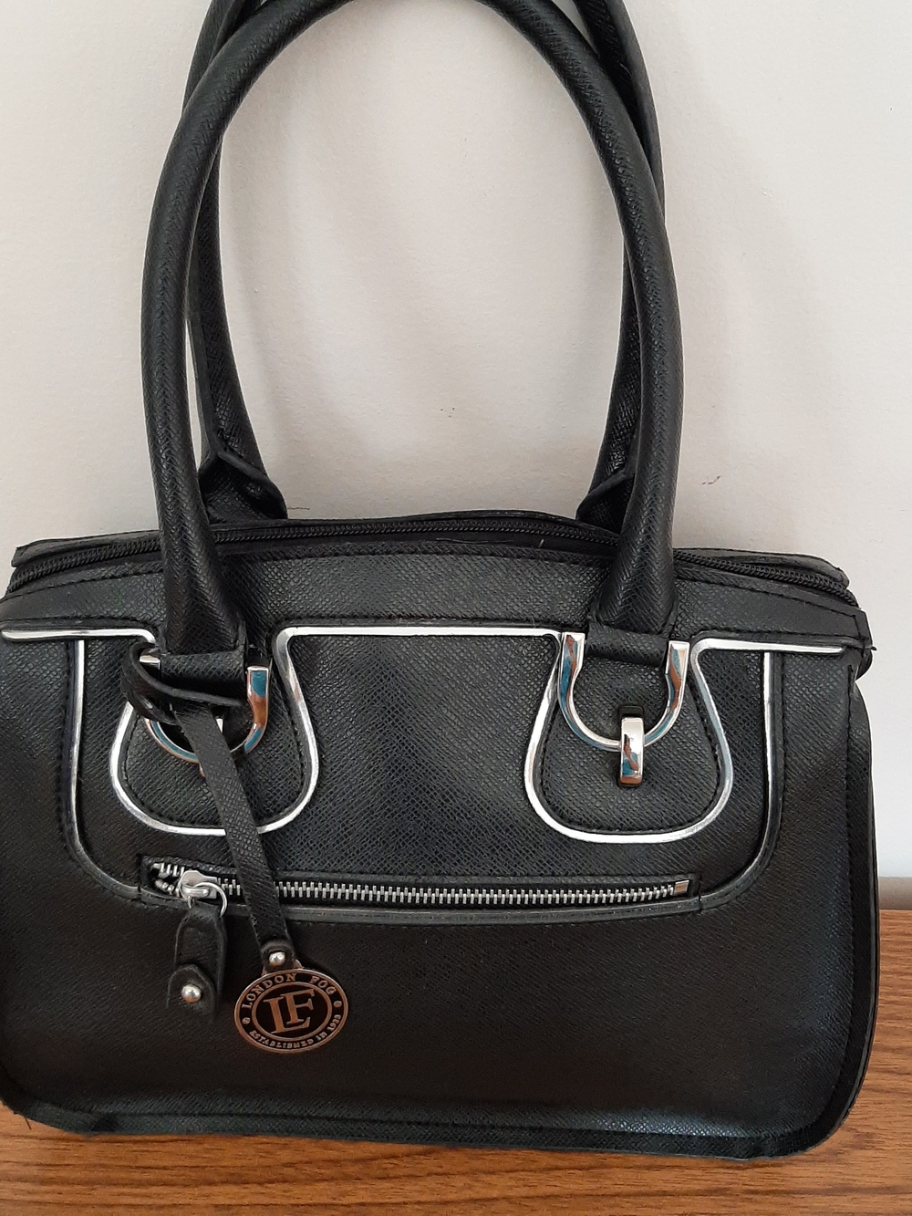 Black Structured Handbag with Silver Trim By London Fog